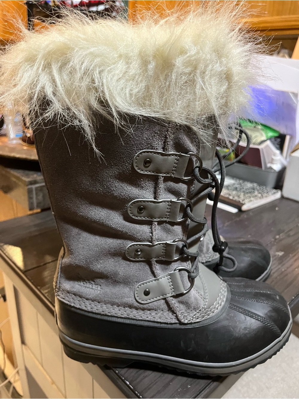 Sorel Kids Gray Faux-Fur Trim Winter Boots
